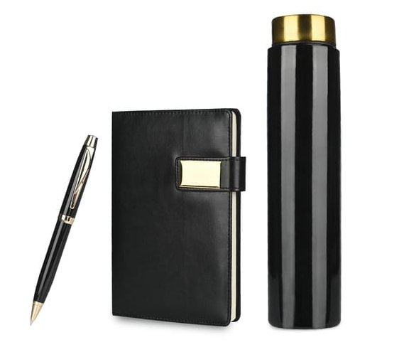 Classic 3 in 1 Black Gold Gift Set | Bottle, Pen, Diary - Rosemellow Office Gift