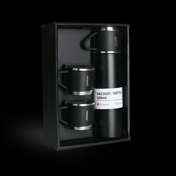 Black Vacuum Flask Gift Set- Bottle with 3 Cups, Customized Corporate Gift | Rosemellow